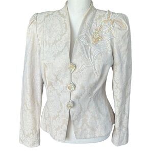 VTG y2k Ursula tapestry jacquard cream ivory blazer formal jacket beaded women 8